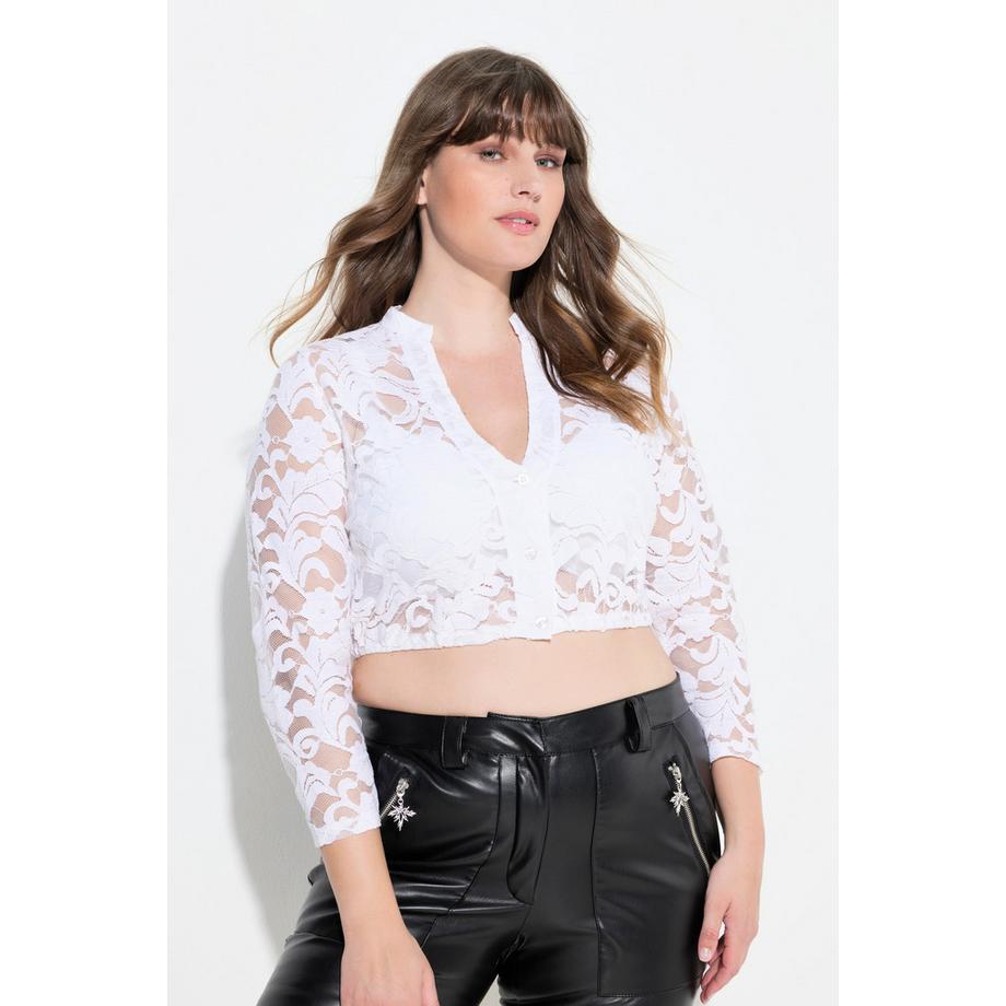Ulla Popken Dirndlbluse Spitze V-Ausschnitt 3/4-Arm Gummisaum  