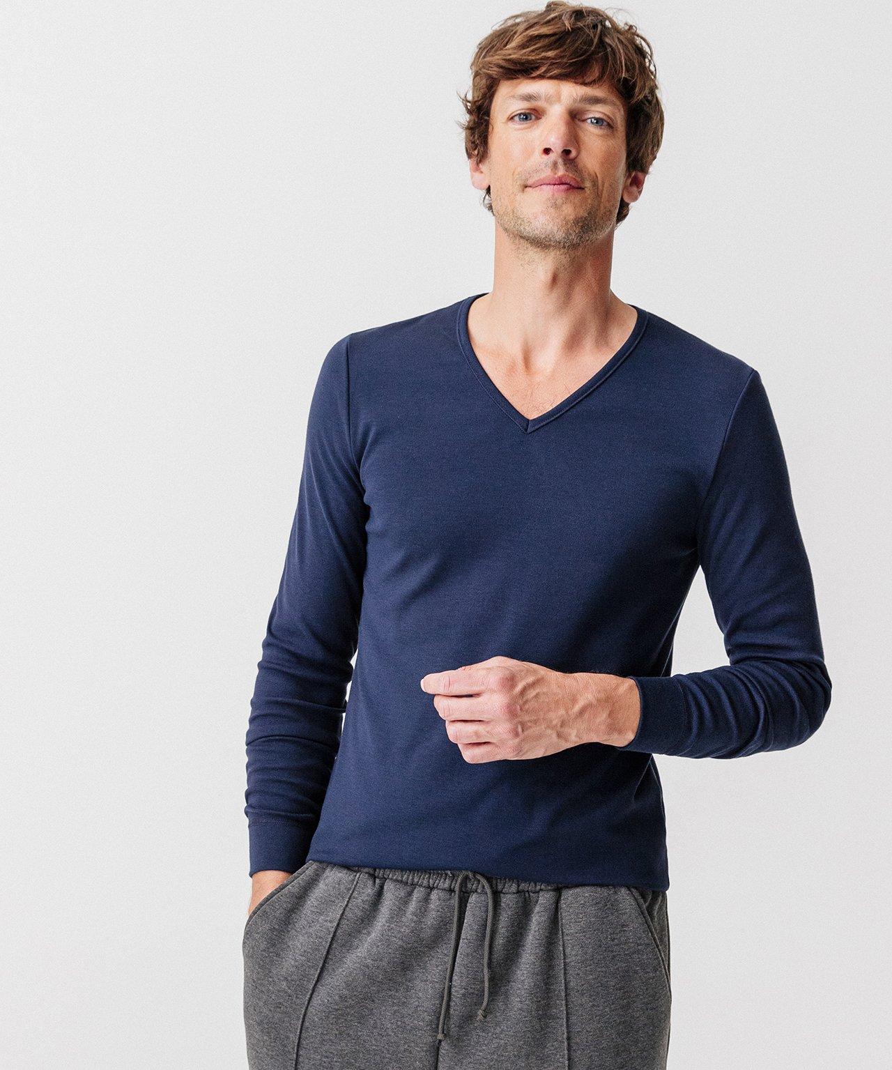 Image of Langärmeliges Shirt Mit V-ausschnitt, Wärmegrad Medium 3. Herren Blau M
