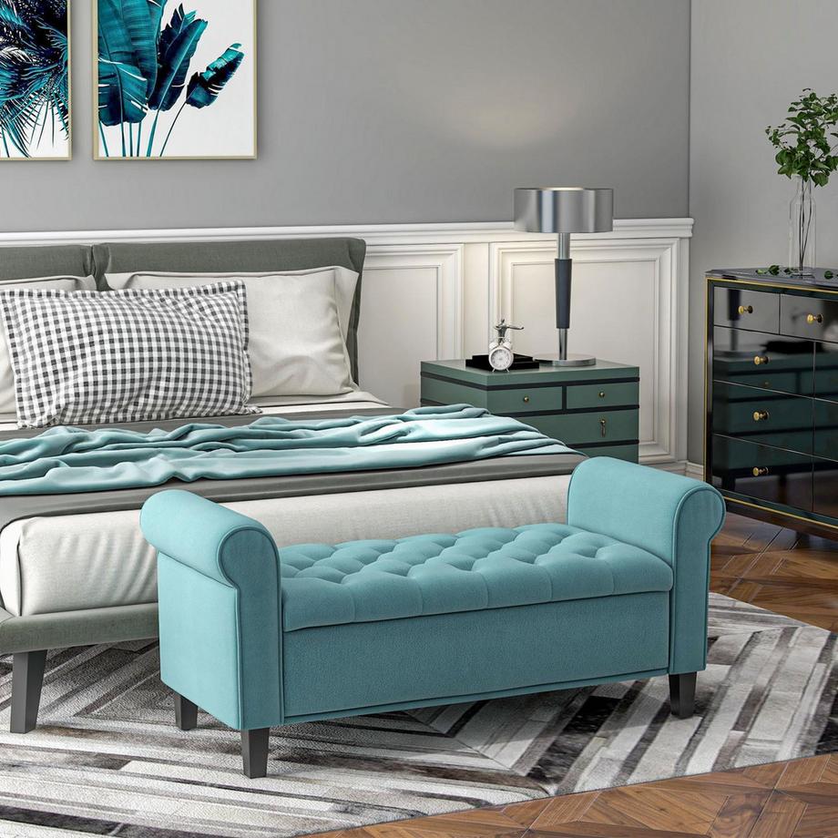 Northio  Polsterbank, Bettbank, Sitzbank In Samtoptik, Flurbank Mit Stauraum Für Schlafzimmer, Bis 120 Kg Belastbar, Grün, 126 X 48,5 X 47 Cm 