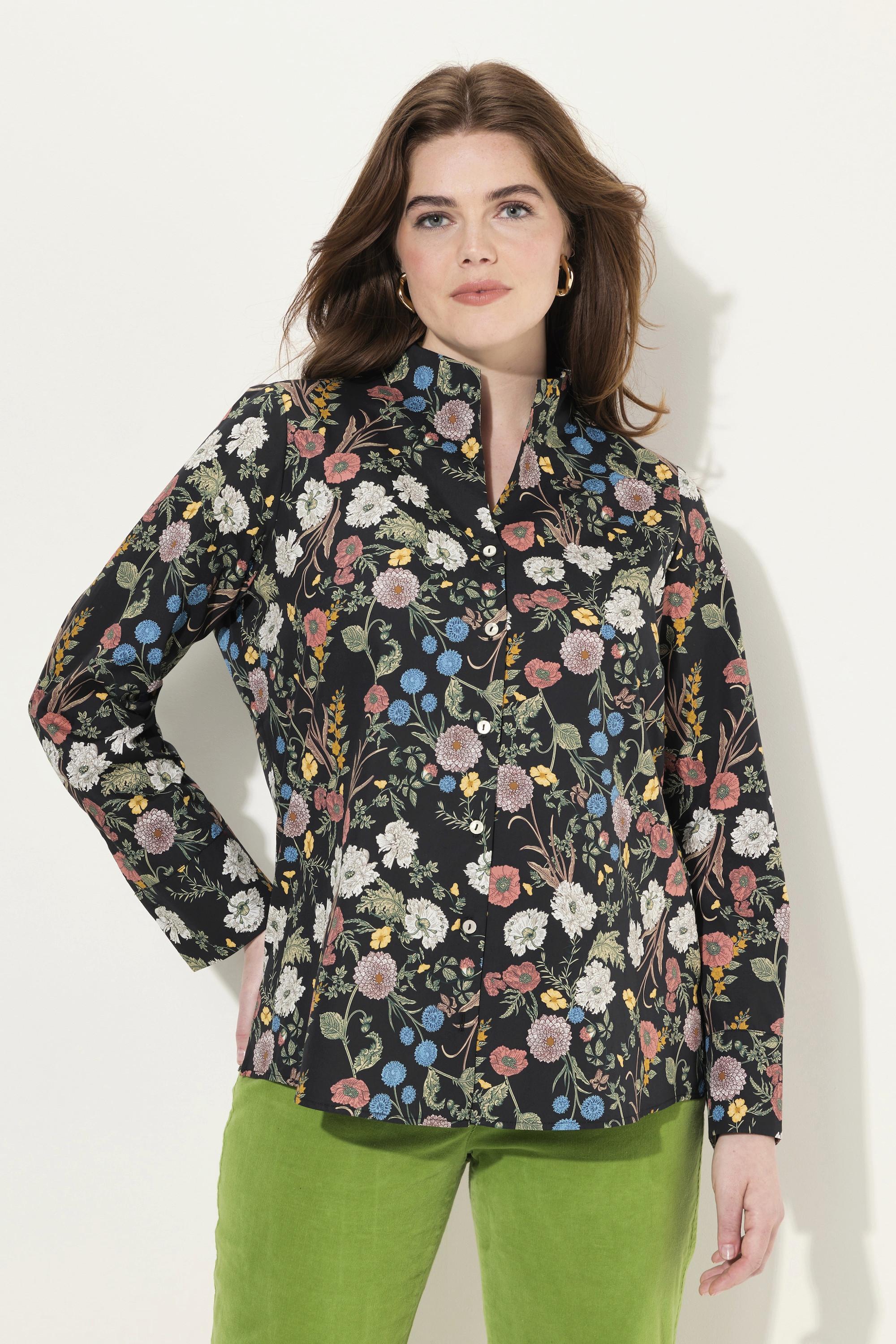 Ulla Popken  Blusa con fiori, collo montante, scollatura a V e maniche lunghe 