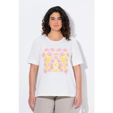 T-shirt à col rond et manches courtes. Imprimé fleurs et lettres brodées