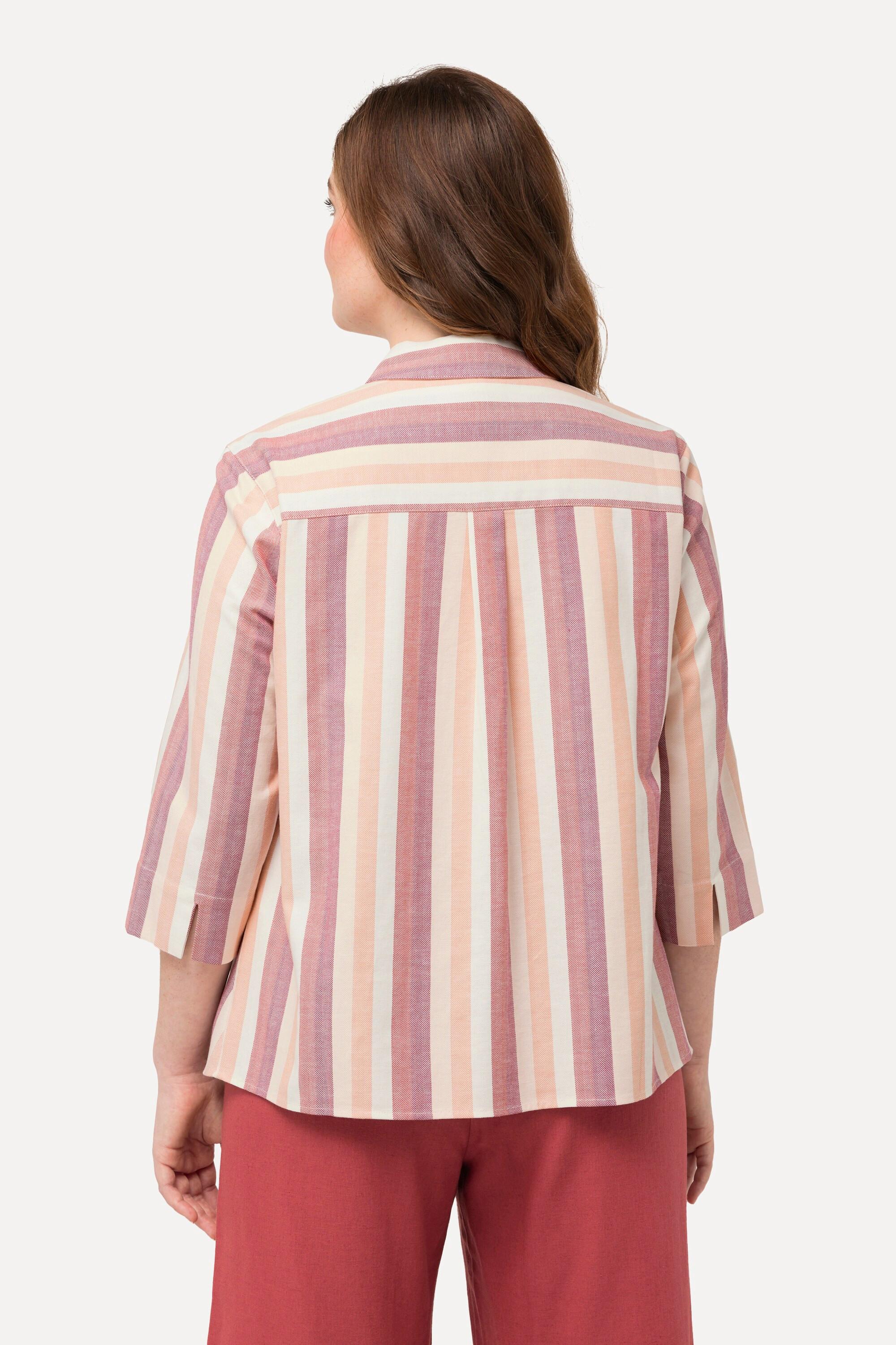 Ulla Popken  Blouse à rayures et col de chemise et manches 3/4. Nœud à la base 