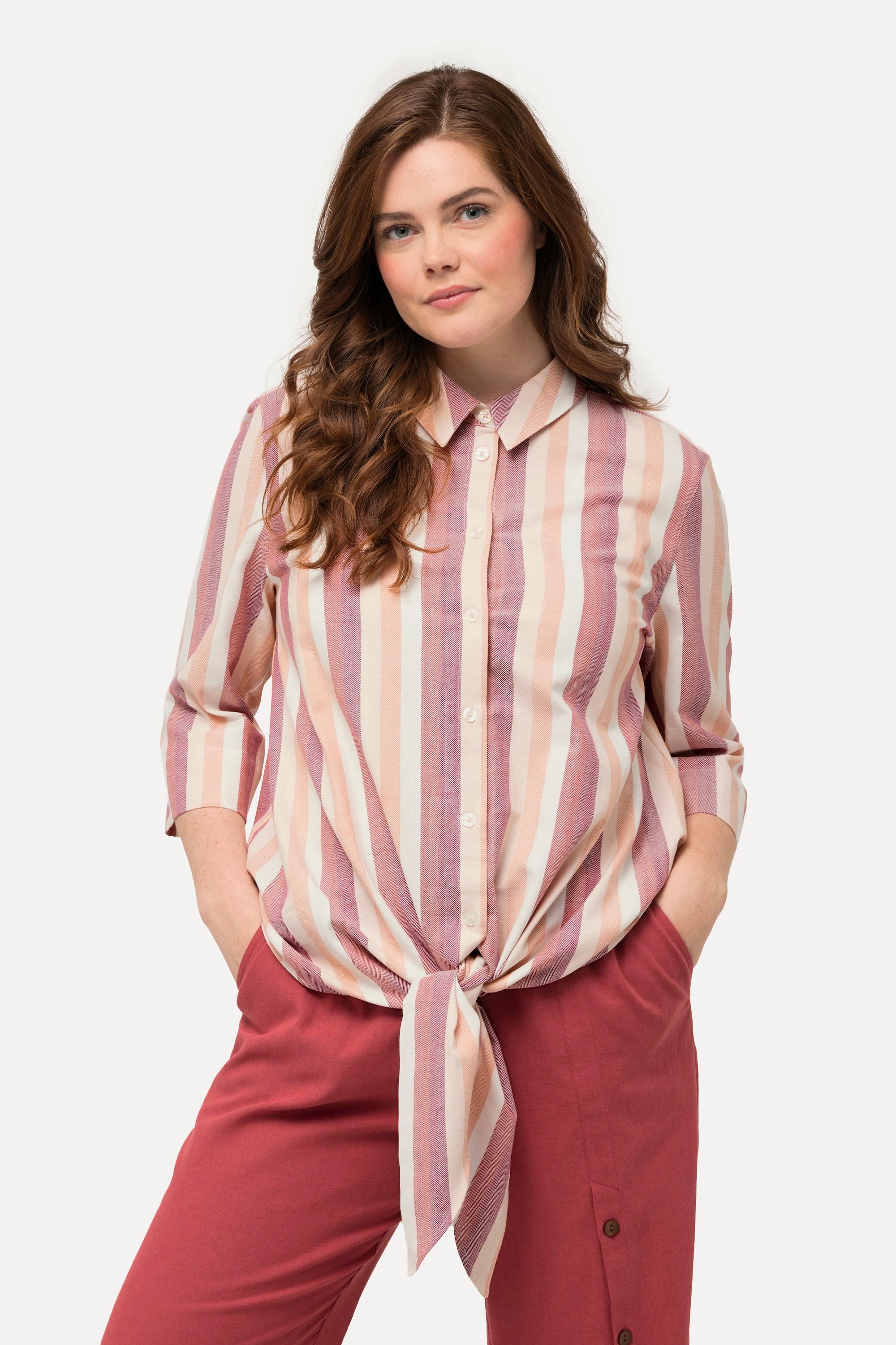 Ulla Popken  Blouse à rayures et col de chemise et manches 3/4. Nœud à la base 