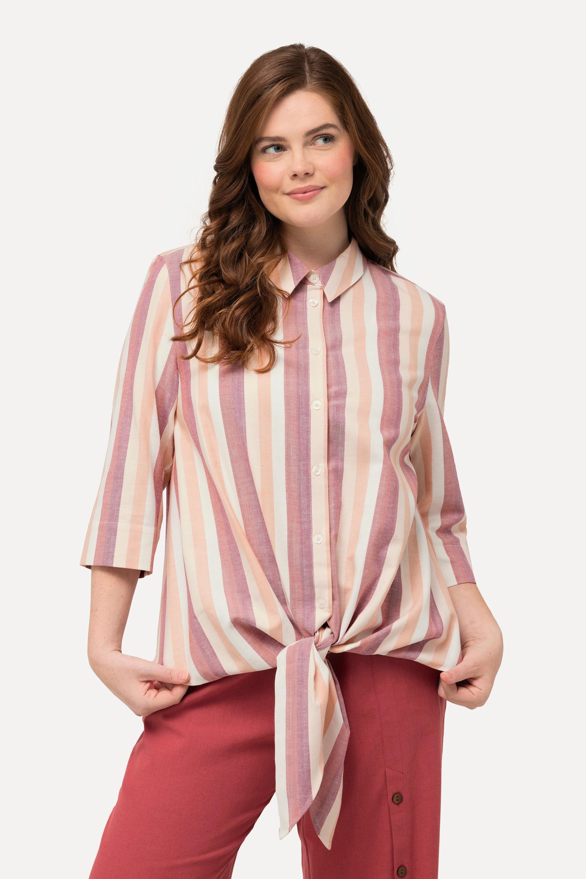 Ulla Popken  Blouse à rayures et col de chemise et manches 3/4. Nœud à la base 