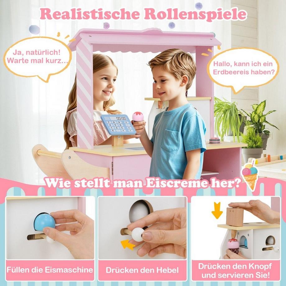 Northix  Carretto dei gelati per bambini con negozio di gelati giocattolo in legno con gelatiera rosa 