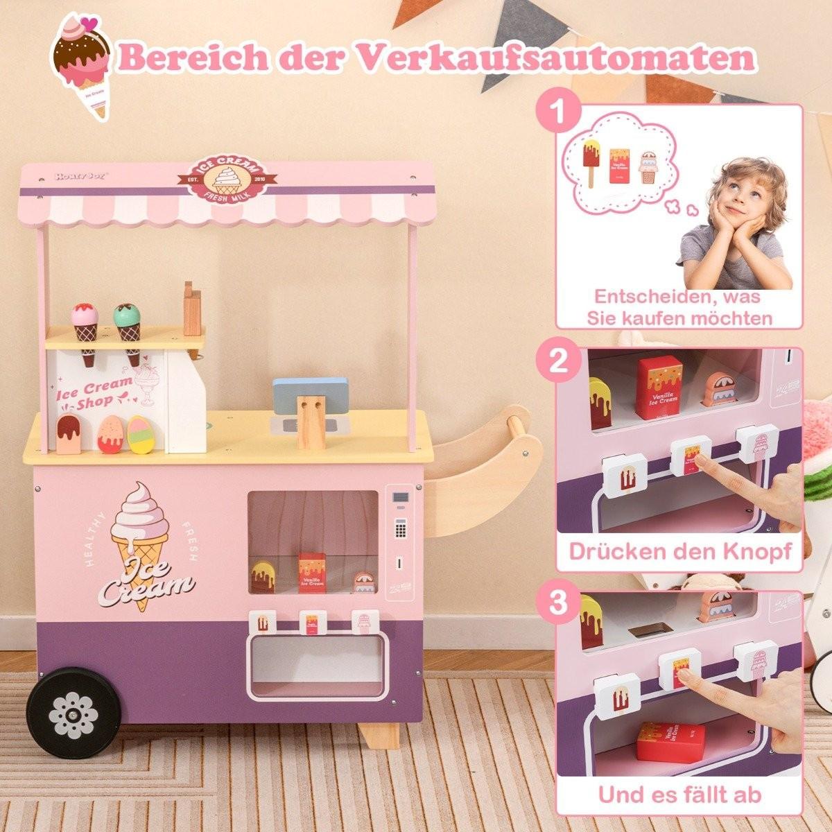 Northix  Carretto dei gelati per bambini con negozio di gelati giocattolo in legno con gelatiera rosa 
