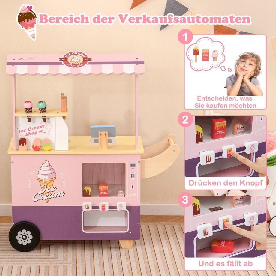 Northix  Carretto dei gelati per bambini con negozio di gelati giocattolo in legno con gelatiera rosa 
