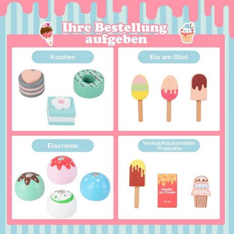 Northix  Carretto dei gelati per bambini con negozio di gelati giocattolo in legno con gelatiera rosa 