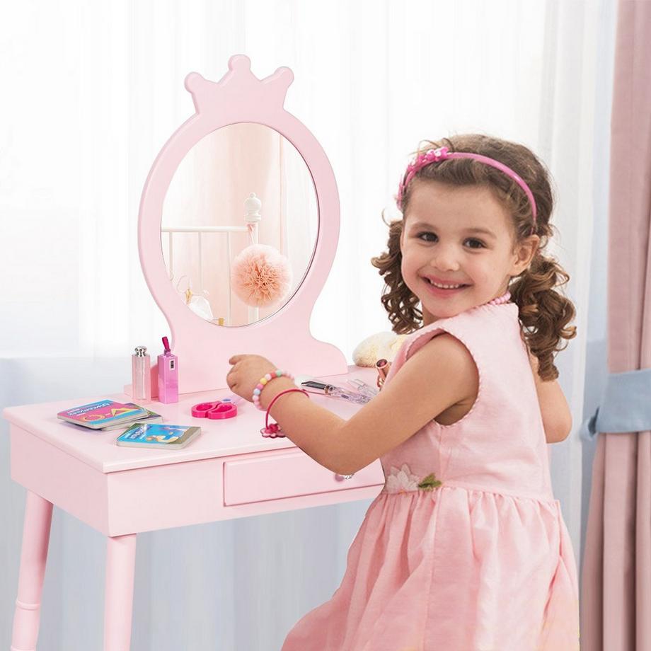 Northix  Kinder Schminktisch-Set mit Hocker & Abnehmbarem Spiegel Make-up Tisch Rosa 