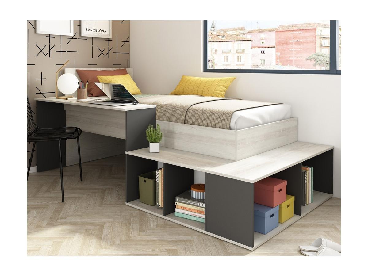 Vente-unique Letto combinato 90 x 200 cm con vani portaoggetti e scrivania Naturale e Antracite + Rete - RIGALI  