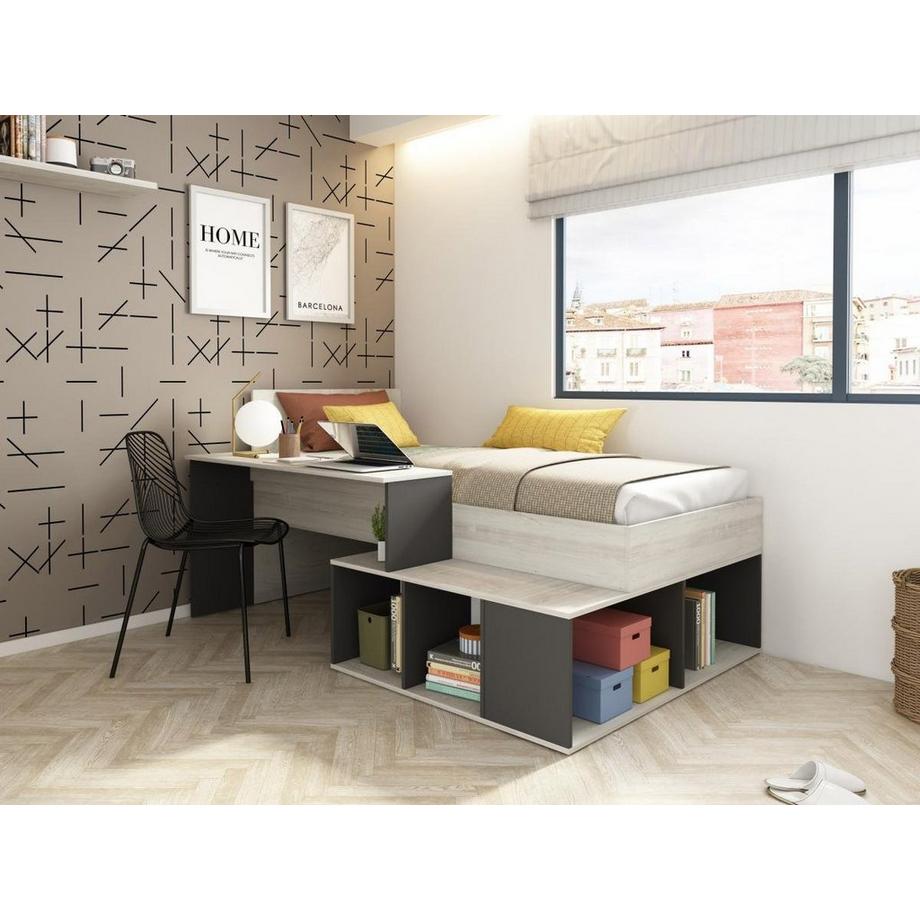 Vente-unique Lit combiné 90 x 200 cm avec rangements et bureau - Coloris : Naturel et anthracite + Sommier - RIGALI  
