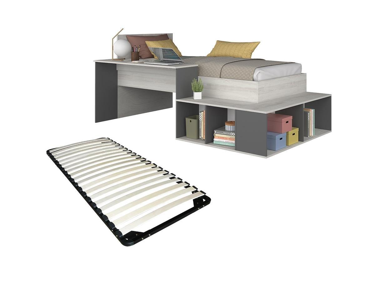 Image of Kombi-Bett + Lattenrost - Mit Stauraum & Schreibtisch - 90 x 200 cm - Holzfarben & Anthrazit - RIGALI Kombi-Bett + Lattenrost - Mit Stauraum & Schreibtisch - 90 x 200 cm - Holzfarben & Anthrazit - RIGALI