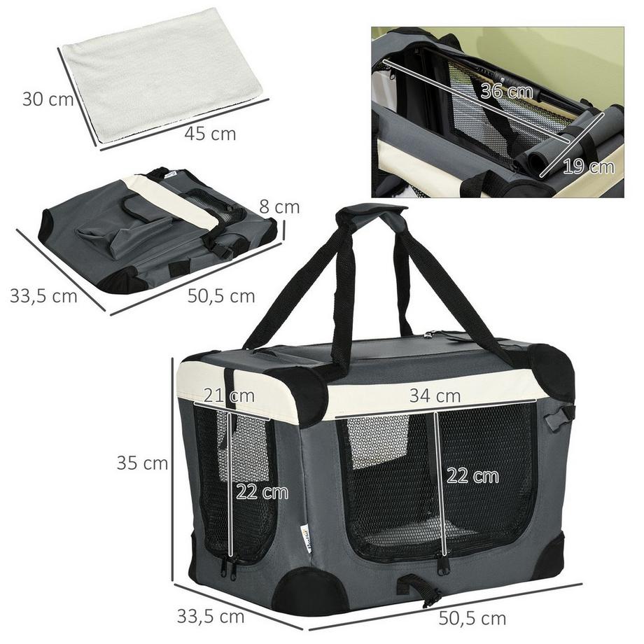 Northio  Hundetasche Transporttasche Faltbare Hundebox Mit Kissen, Für Kleine Hunde Outdoor, Oxfordstoff, Grau+Schwarz, 50,5X33,5X35Cm 