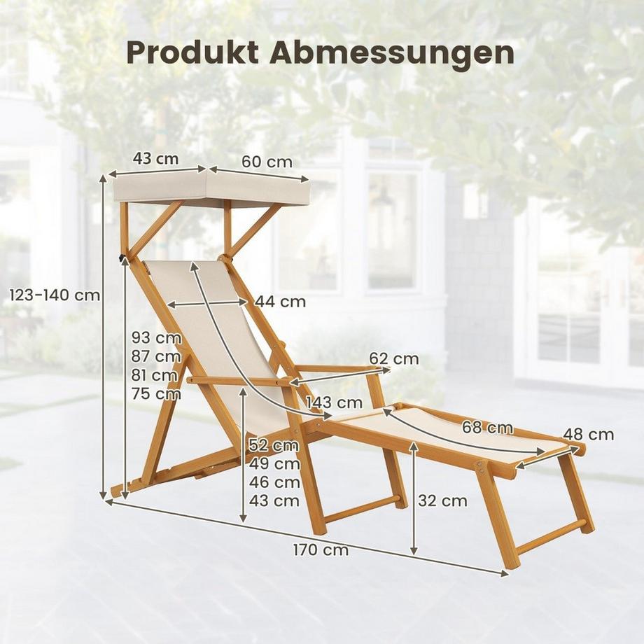 B2X Klappbare Strandliege mit Neigbarem Baldachin & Verstellbarer Rückenlehne & Fußstütze  