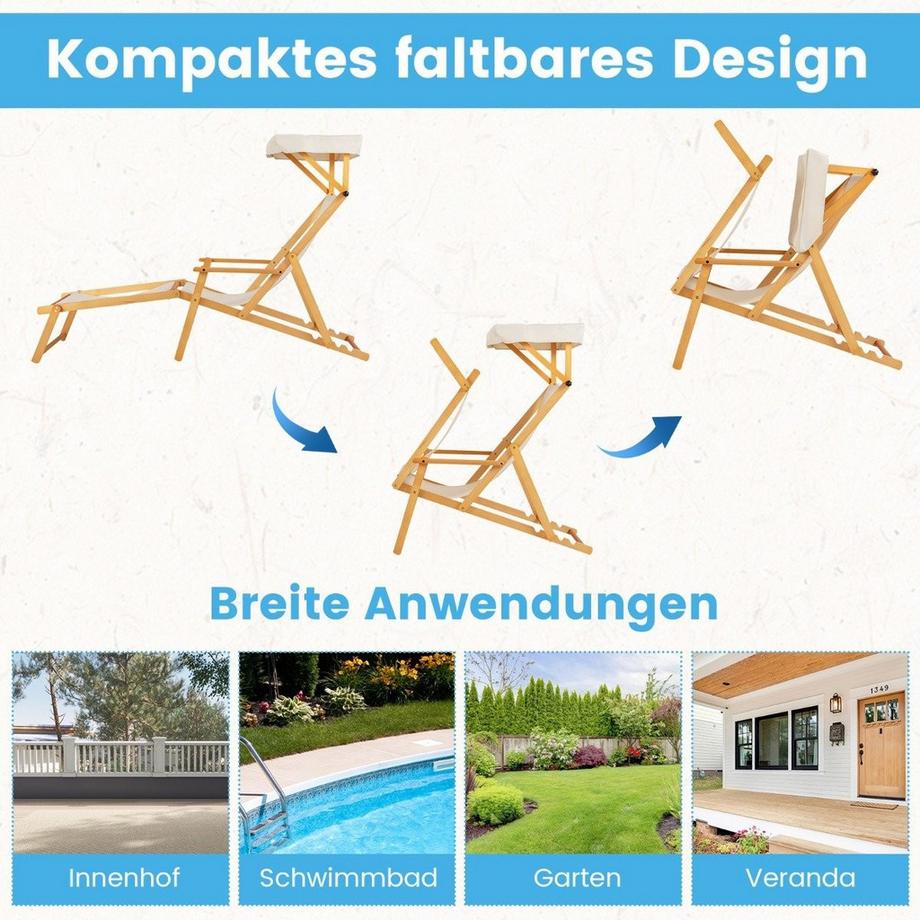 B2X Klappbare Strandliege mit Neigbarem Baldachin & Verstellbarer Rückenlehne & Fußstütze  