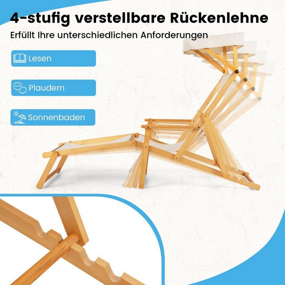 B2X Klappbare Strandliege mit Neigbarem Baldachin & Verstellbarer Rückenlehne & Fußstütze  