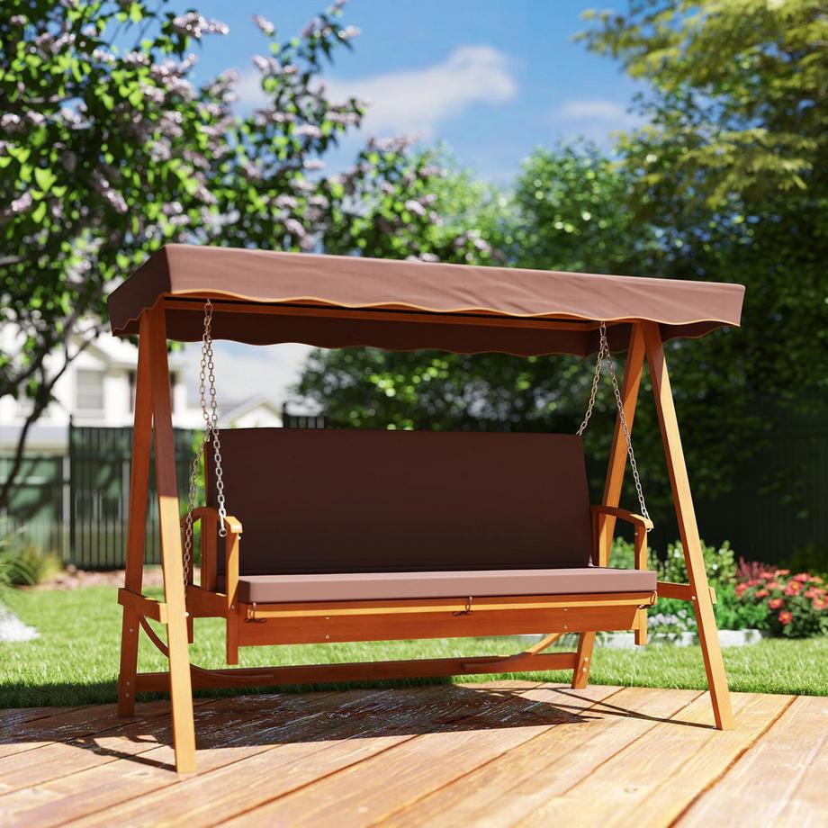 Northio Balançoire Hollywood 2 en 1 avec fonction inclinable, balançoire de jardin 3 places en bois, balançoire en bois avec coussin d'assise auvent, banc balançoire jusqu'à 330 kg, pour jardin, terrasse, 236x130x181 cm, marron |  