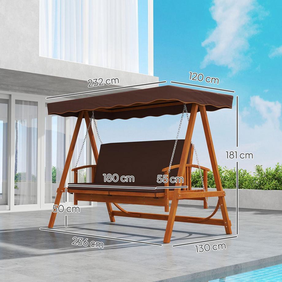 Northio Balançoire Hollywood 2 en 1 avec fonction inclinable, balançoire de jardin 3 places en bois, balançoire en bois avec coussin d'assise auvent, banc balançoire jusqu'à 330 kg, pour jardin, terrasse, 236x130x181 cm, marron |  