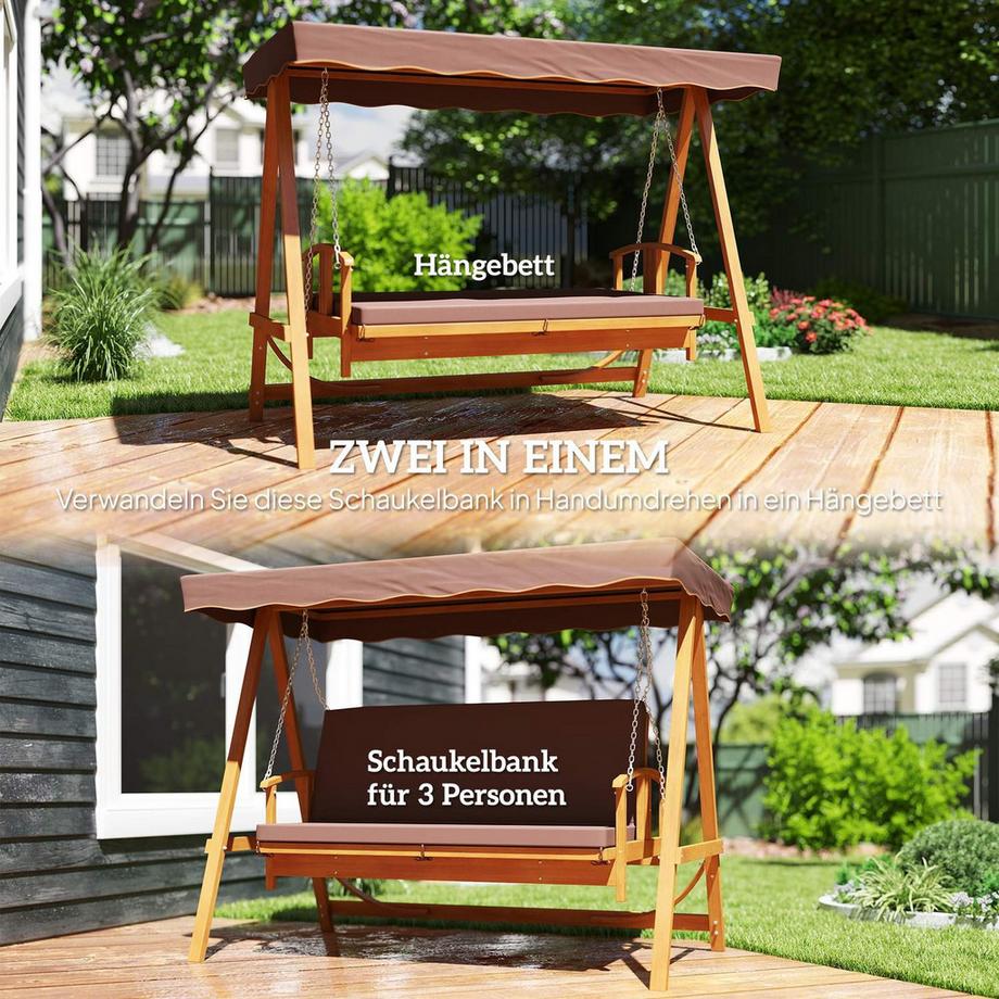 Northio Balançoire Hollywood 2 en 1 avec fonction inclinable, balançoire de jardin 3 places en bois, balançoire en bois avec coussin d'assise auvent, banc balançoire jusqu'à 330 kg, pour jardin, terrasse, 236x130x181 cm, marron |  