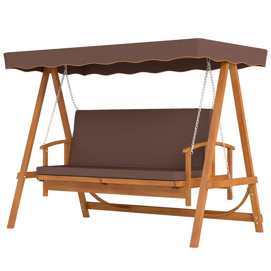 Northio Balançoire Hollywood 2 en 1 avec fonction inclinable, balançoire de jardin 3 places en bois, balançoire en bois avec coussin d'assise auvent, banc balançoire jusqu'à 330 kg, pour jardin, terrasse, 236x130x181 cm, marron |  