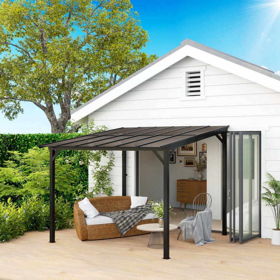 Northio Pergola Pavillon ca. 3x3m, Wasserdicht, Stabil, Winterfest Terrassenüberdachung mit UV-Schutz 50+, Wandmontiert Gartenpavillon aus Metall, Sonnenschutz für Garten Terrasse Balkon Dunkelgrau  