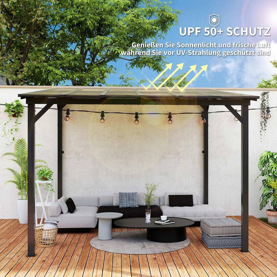 Northio Pergola Pavillon ca. 3x3m, Wasserdicht, Stabil, Winterfest Terrassenüberdachung mit UV-Schutz 50+, Wandmontiert Gartenpavillon aus Metall, Sonnenschutz für Garten Terrasse Balkon Dunkelgrau  