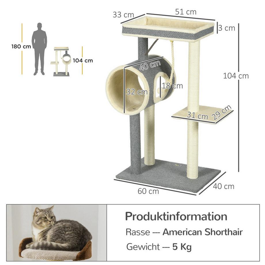 Northio  Tiragraffi 104 Cm Con Palla Da Gioco E 2 Zone Per Sdraiarsi Tiragraffi Per Gatti Fino A 5 Kg, Sisal, Grigio 