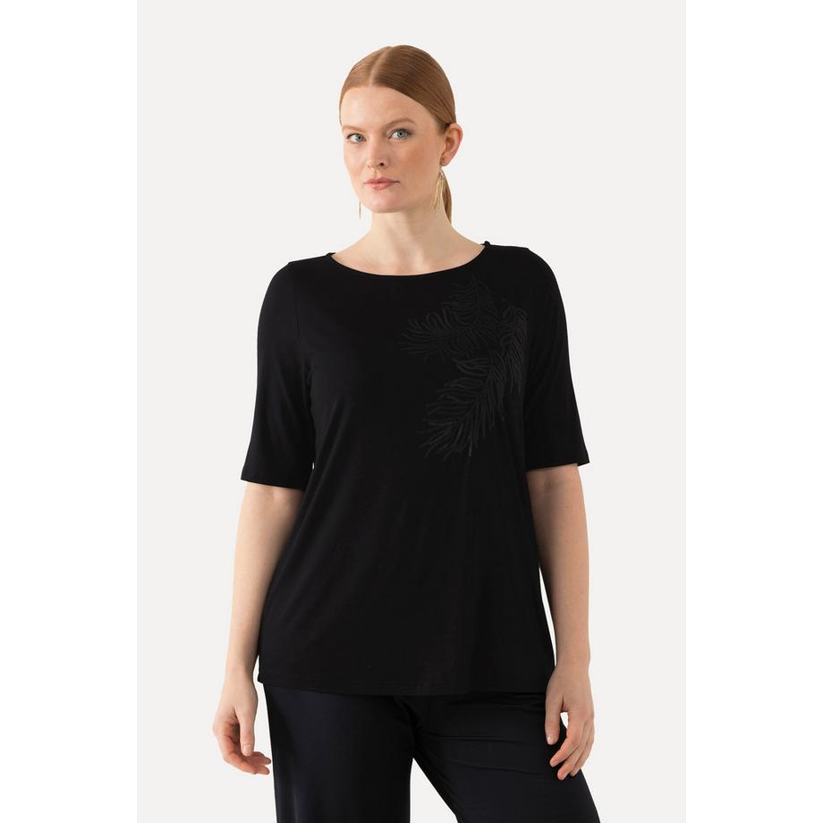 Ulla Popken T-Shirt Pailletten-Blatt U-Boot-Ausschnitt Halbarm  