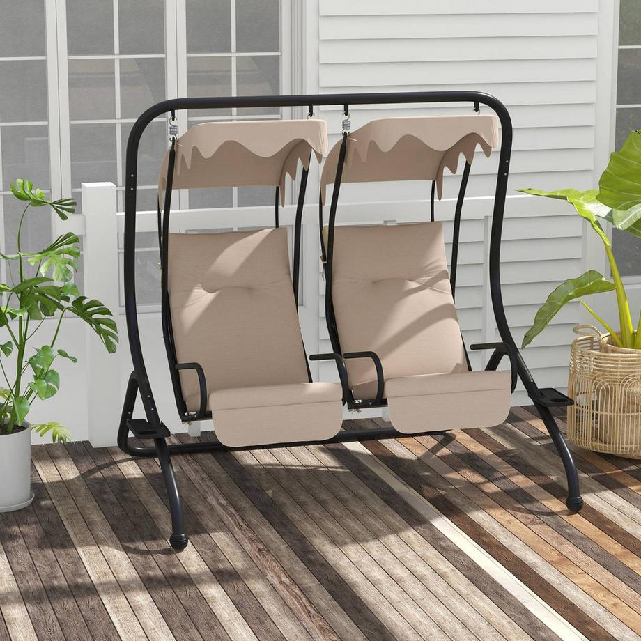 Northio Hollywoodschaukel mit Becherhalter und Sitzkissen, 2-Sitzer Gartenschaukel mit Sonnendach, Schaukelbank belast bis 220 kg, Gartenliege für Garten, Terrasse, 170 x 136 x 170 cm, Beige Aosom  