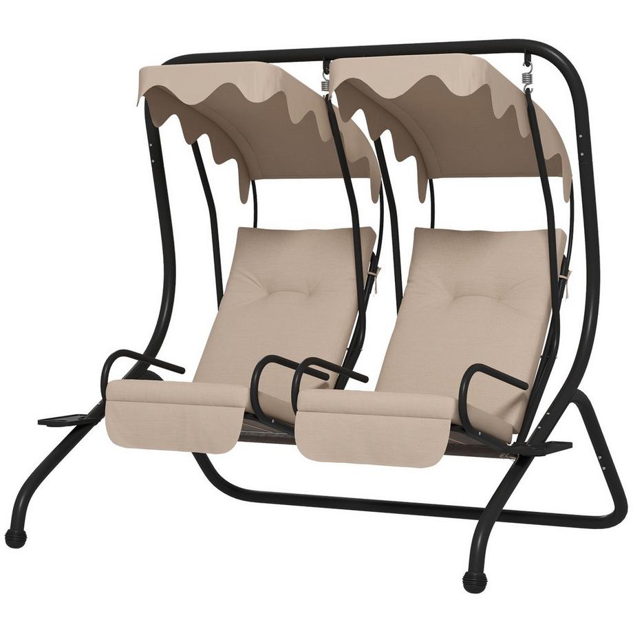 Hollywoodschaukel mit Becherhalter und Sitzkissen, 2-Sitzer Gartenschaukel mit Sonnendach, Schaukelbank belast bis 220 kg, Gartenliege für Garten, Terrasse, 170 x 136 x 170 cm, Beige Aosom