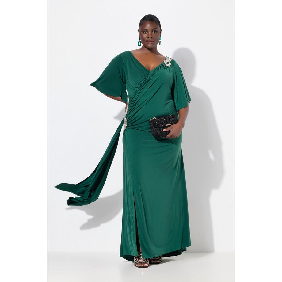 Ulla Popken Maxikleid Drapierung V-Ausschnitt Glockenärmel  