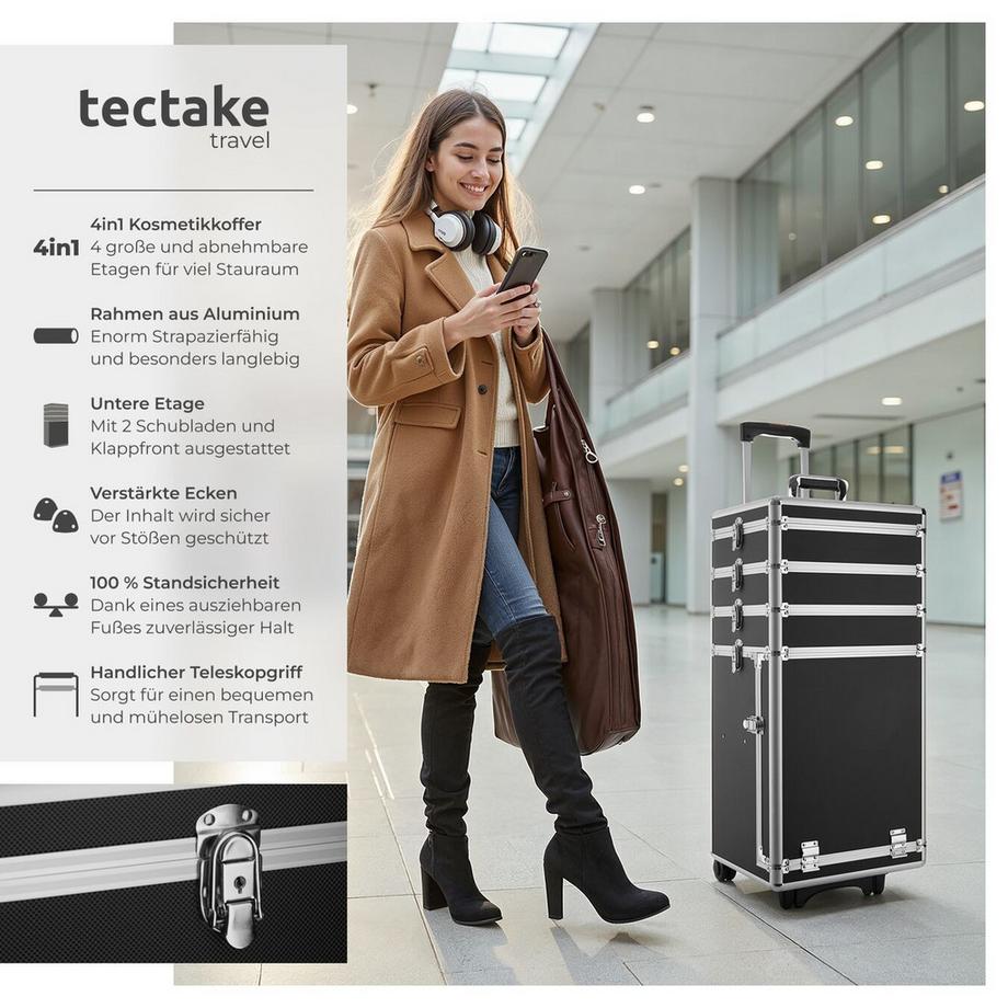 Tectake  Kosmetikkoffer  4 in 1 mit Innenverkleidung aus Samt höhenverstellbarer Griff und 2 Doppelrollen 