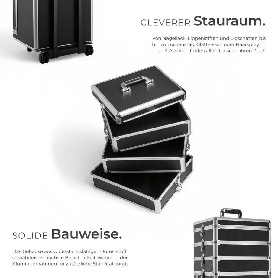 Tectake  Kosmetikkoffer  4 in 1 mit Innenverkleidung aus Samt höhenverstellbarer Griff und 2 Doppelrollen 