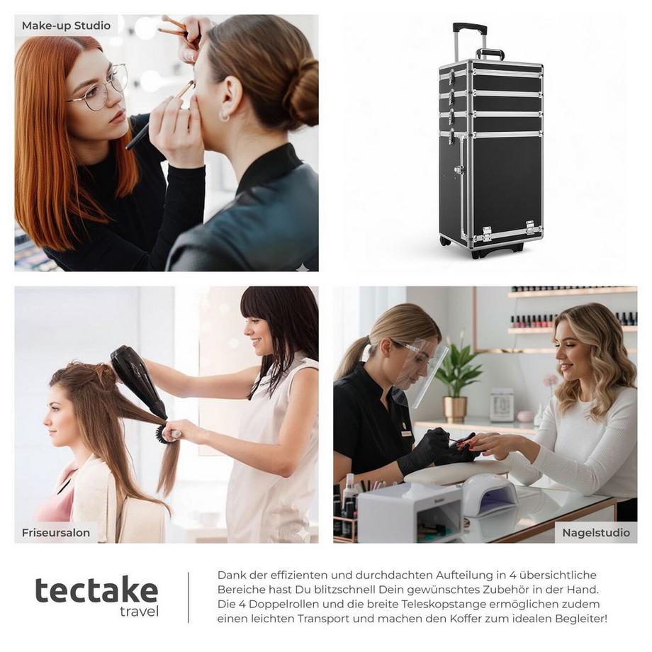 Tectake  Kosmetikkoffer  4 in 1 mit Innenverkleidung aus Samt höhenverstellbarer Griff und 2 Doppelrollen 