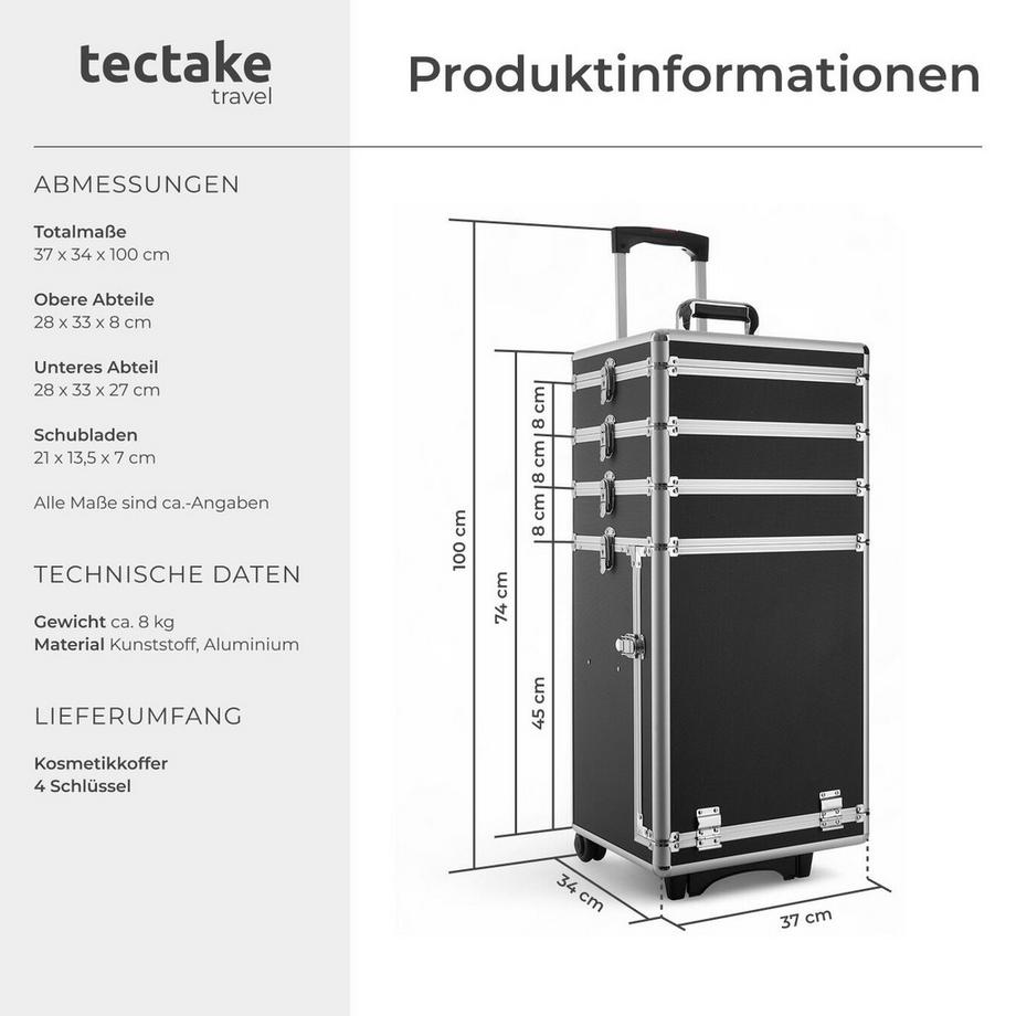 Tectake  Kosmetikkoffer  4 in 1 mit Innenverkleidung aus Samt höhenverstellbarer Griff und 2 Doppelrollen 
