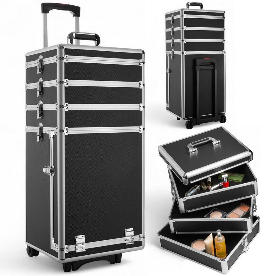 Tectake  Kosmetikkoffer  4 in 1 mit Innenverkleidung aus Samt höhenverstellbarer Griff und 2 Doppelrollen 