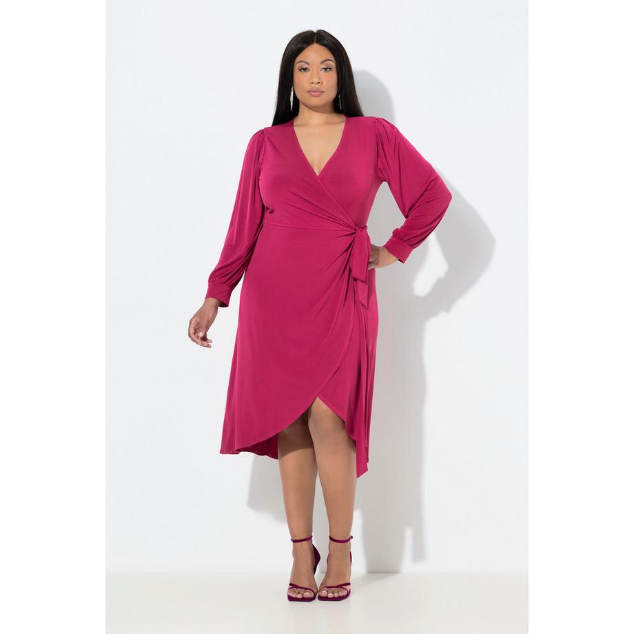 Ulla Popken Robe Cache-cœur Midi Ceinture à Nouer Col V Manches Longues Ballon  