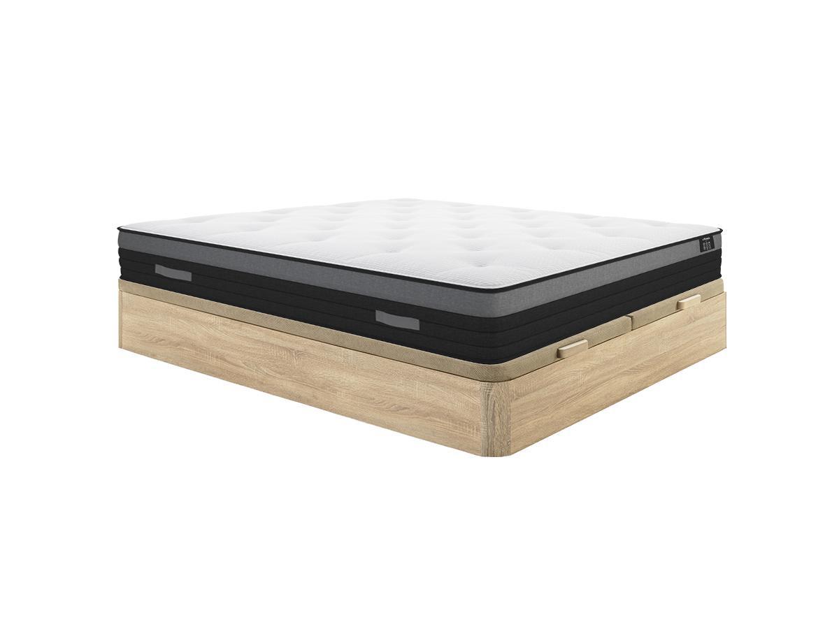 Image of Set aus Bettgestell mit Bettkasten + Taschenfederkernmatratze mit atmungsaktivem Streifen - 180 x 200 cm - Stärke 23 cm - Holzfarben hell - AIRPLAY von YSMÉE Set aus Bettgestell mit Bettkasten + Taschenfederkernmatratze mit atmungsaktivem Streifen - 180 x