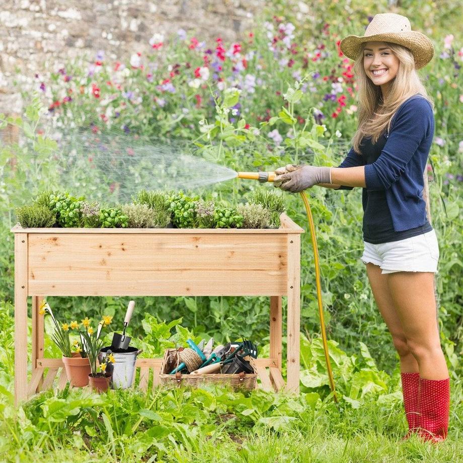 Northix Holz-Pflanzgefäß Hochbeet mit Aufbewahrungsregal für Anbau von Pflanzen 92 x 41x 81 cm  