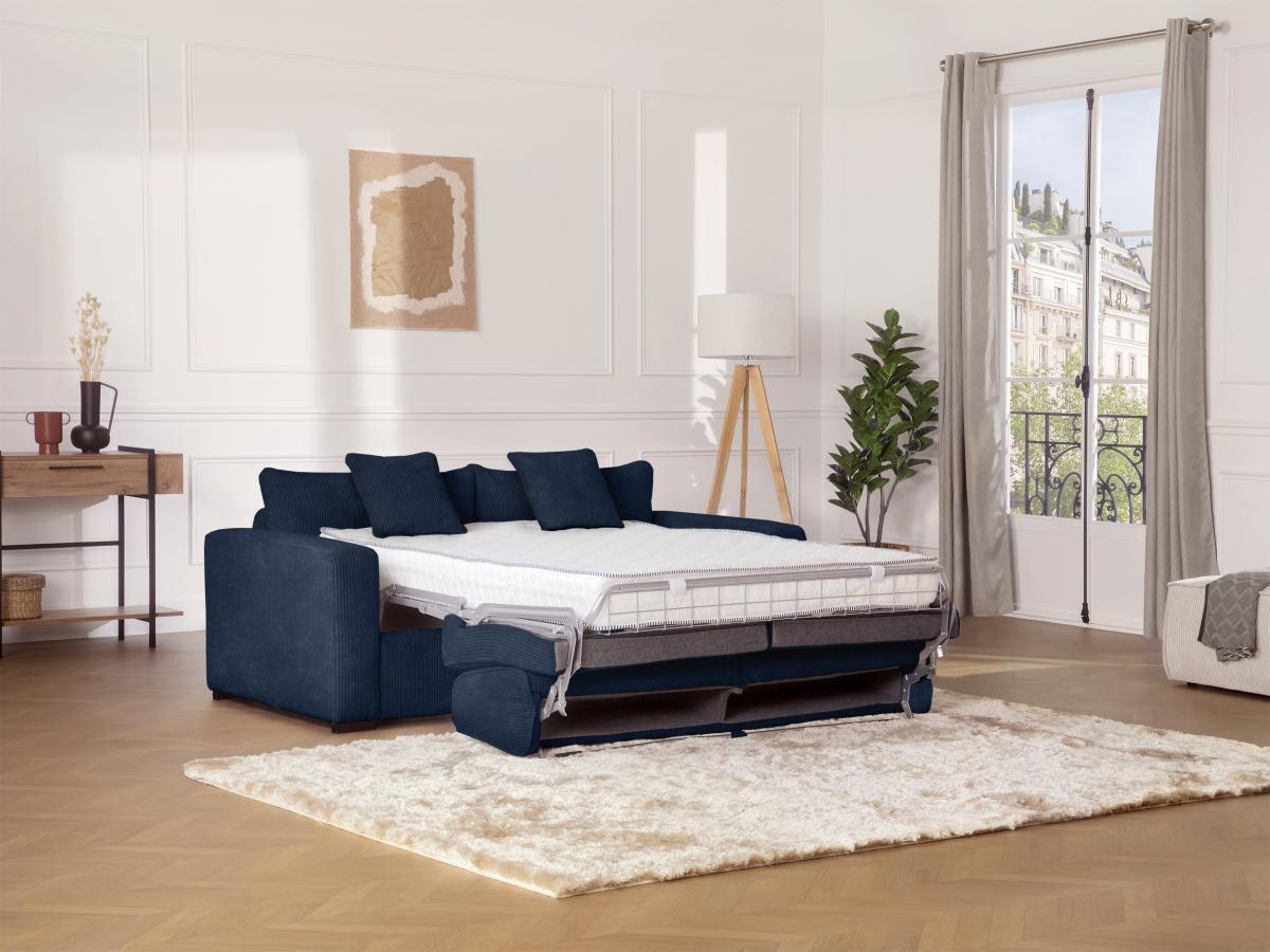 Vente-unique Canapé 4 places convertible express en velours côtelé bleu - Couchage à lattes larges 160 cm - Matelas 18 cm -  MONDOVI  