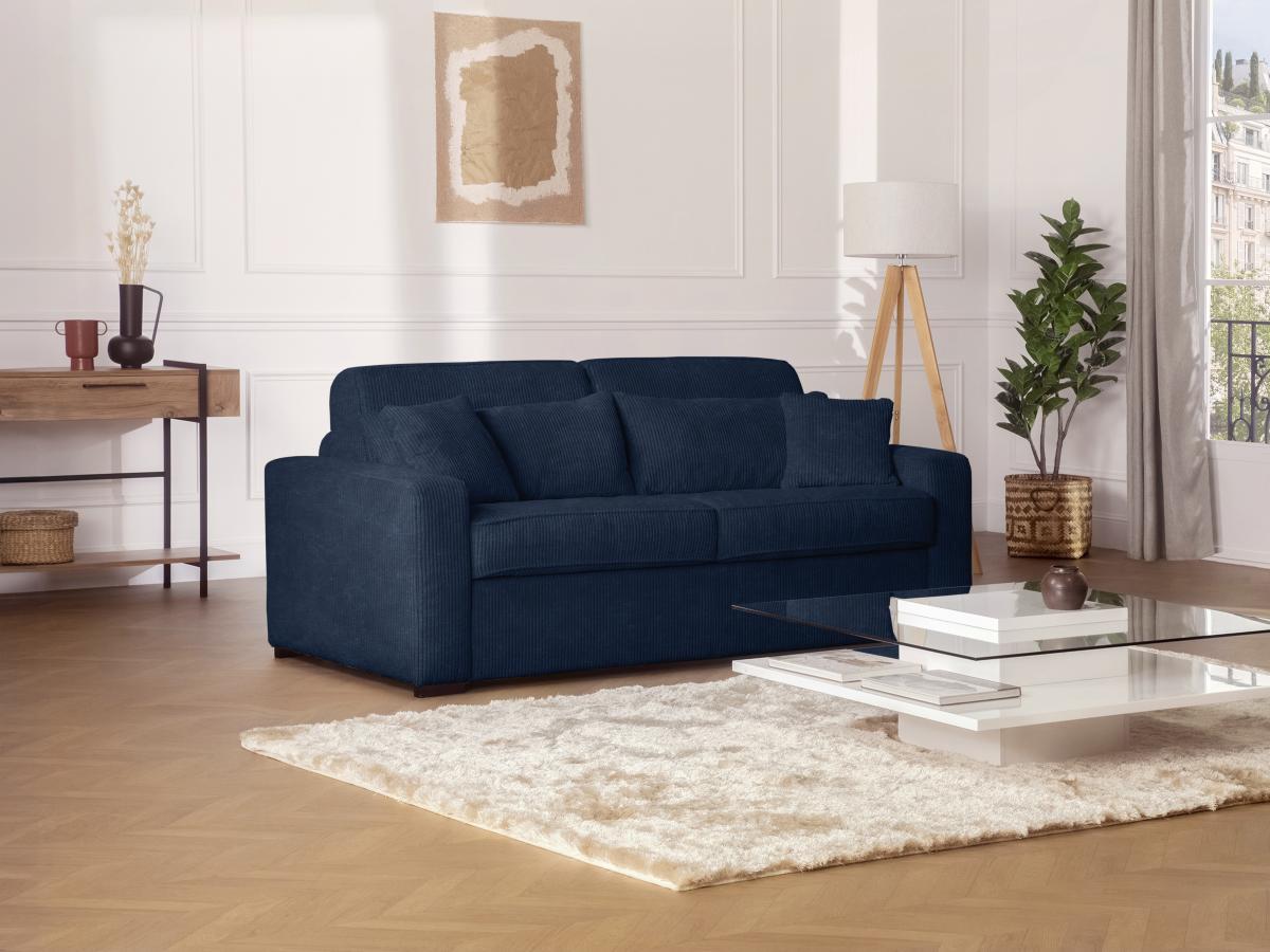 Vente-unique Canapé 4 places convertible express en velours côtelé bleu - Couchage à lattes larges 160 cm - Matelas 18 cm -  MONDOVI  