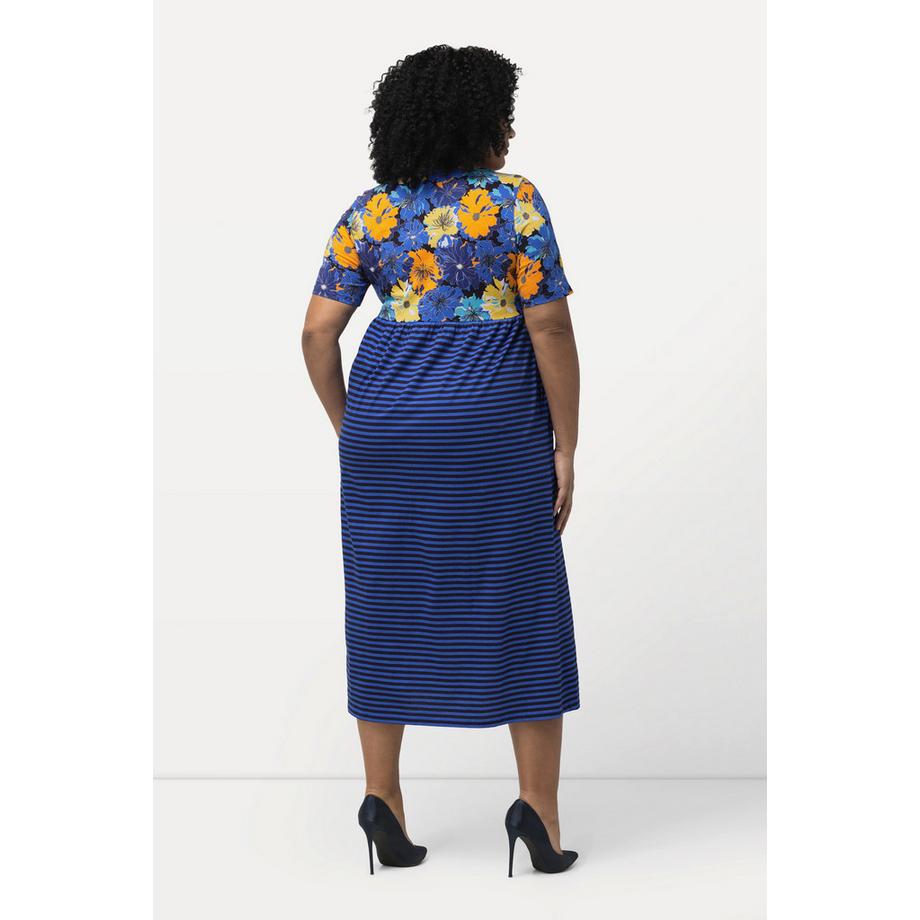 Ulla Popken Abito di jersey fiori righe taglio svasato girocollo mezze maniche  