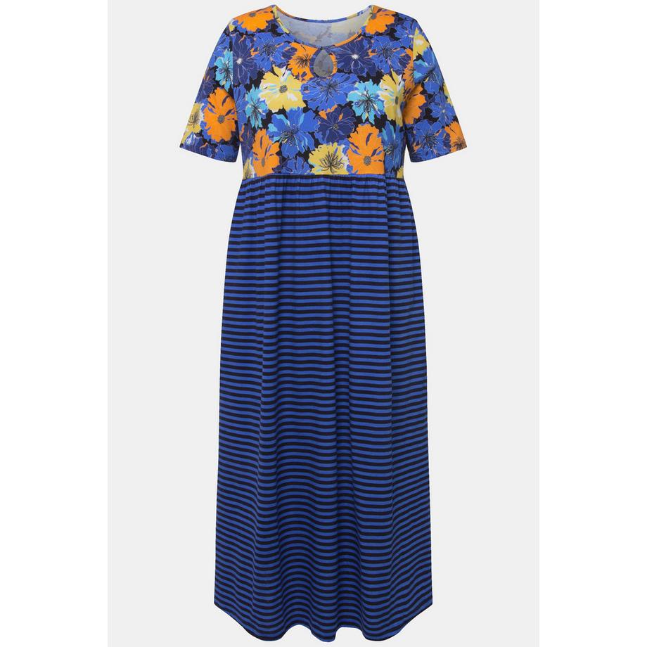 Ulla Popken Abito di jersey fiori righe taglio svasato girocollo mezze maniche  