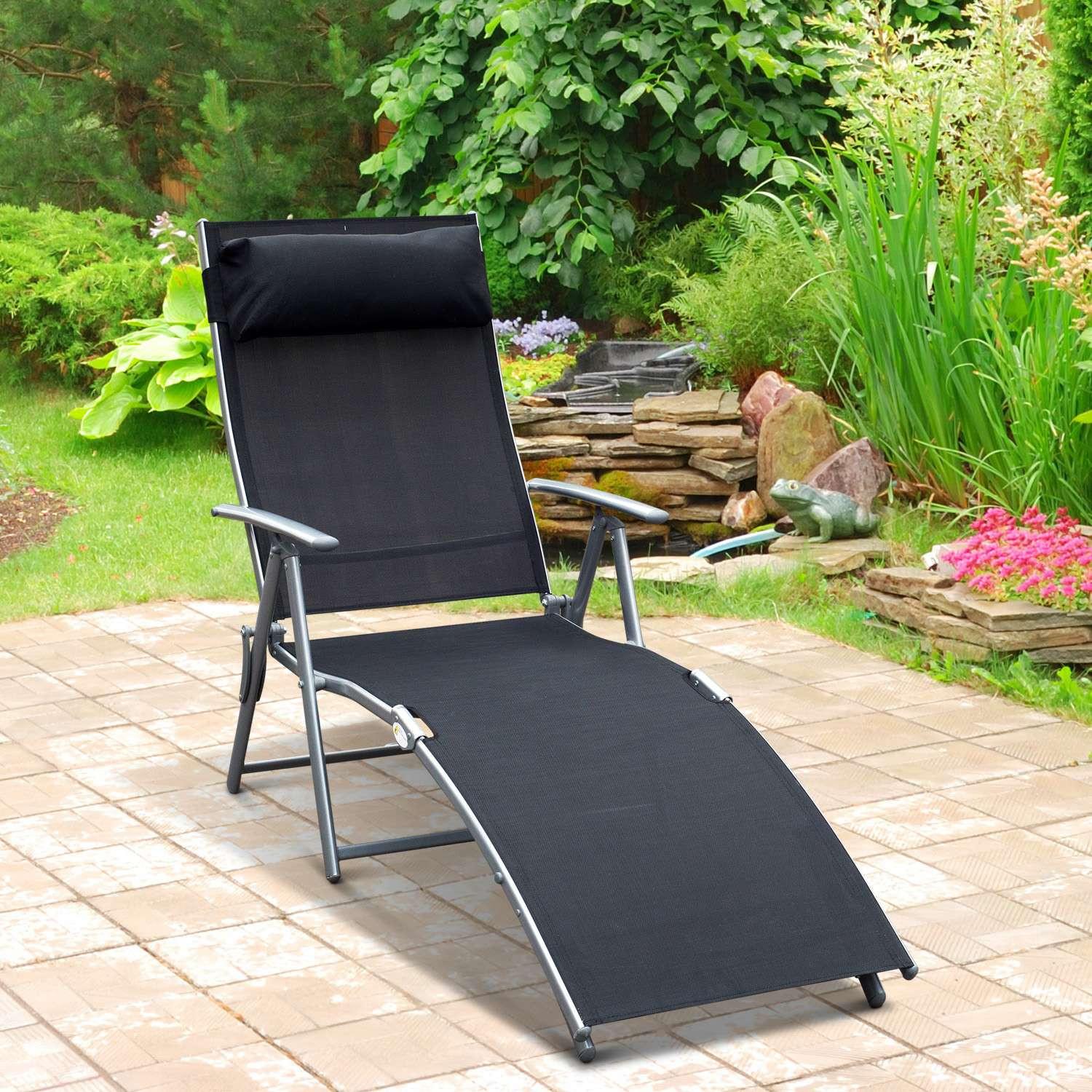 Northio Chaise longue de plage pliante, chaise longue de jardin avec coussin, métal + tissu, noir, 137x63,5x100,5cm  