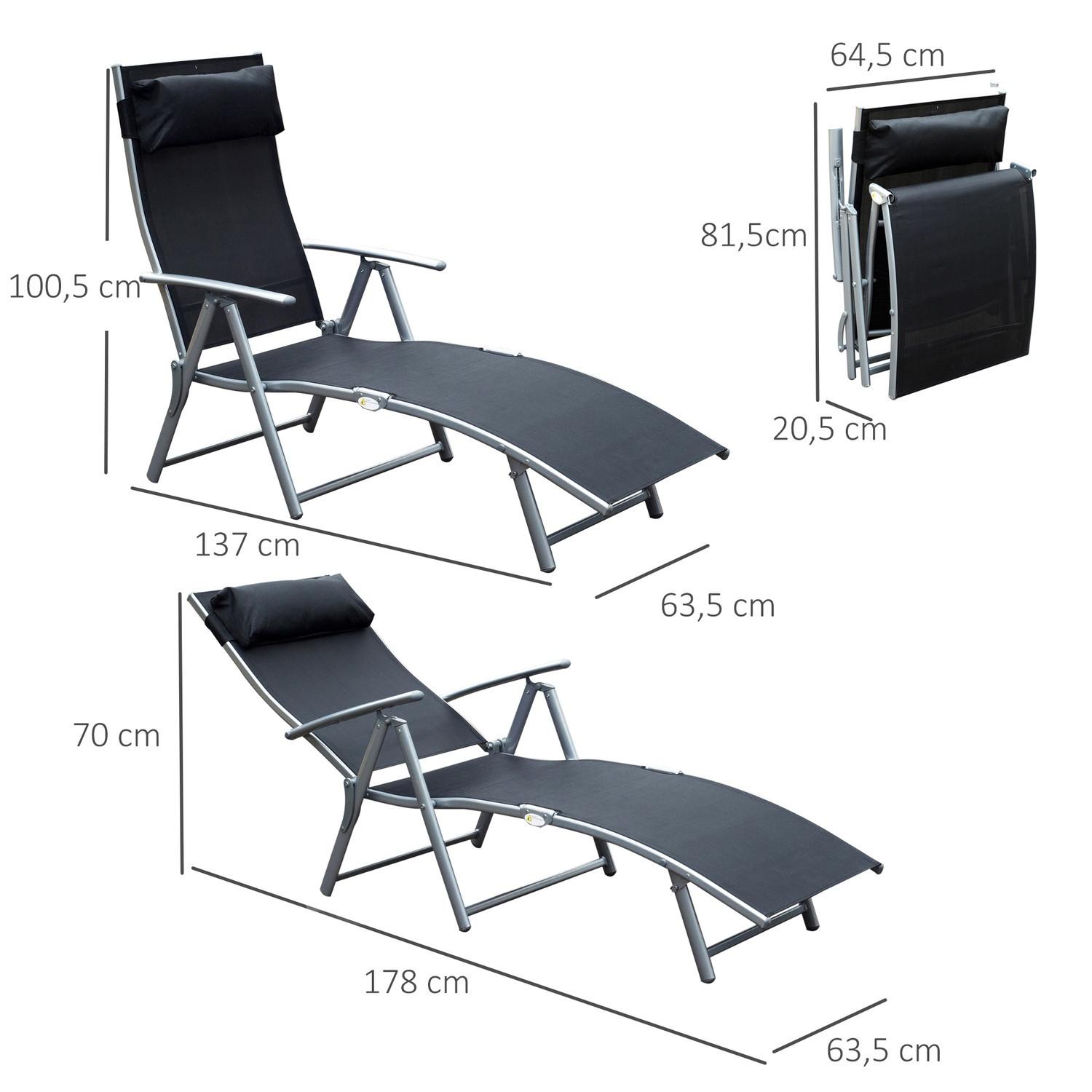 Northio Chaise longue de plage pliante, chaise longue de jardin avec coussin, métal + tissu, noir, 137x63,5x100,5cm  