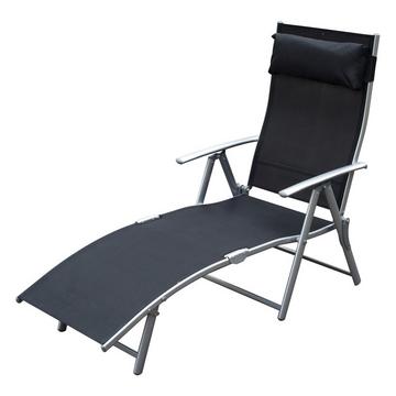 Chaise longue de plage pliante, chaise longue de jardin avec coussin, métal + tissu, noir, 137x63,5x100,5cm