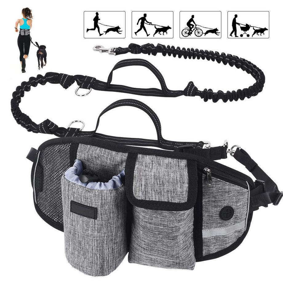Joggingleine für kleine, große und mittlere Hunde, elastische und reflektierende Laufleine, Freisprechleine mit Gürteltasche