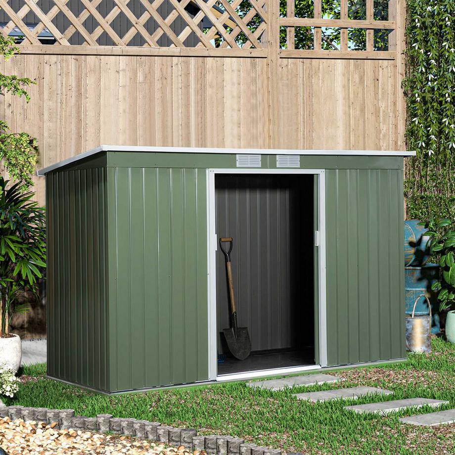 Northio Gerätehaus, Gartenhaus, Geräteschuppen Mit Schiebetür, Lüftungsfenster, Pultdach, Outdoor, Stahl, Hellgrün, 280 X 130 X 172 Cm  