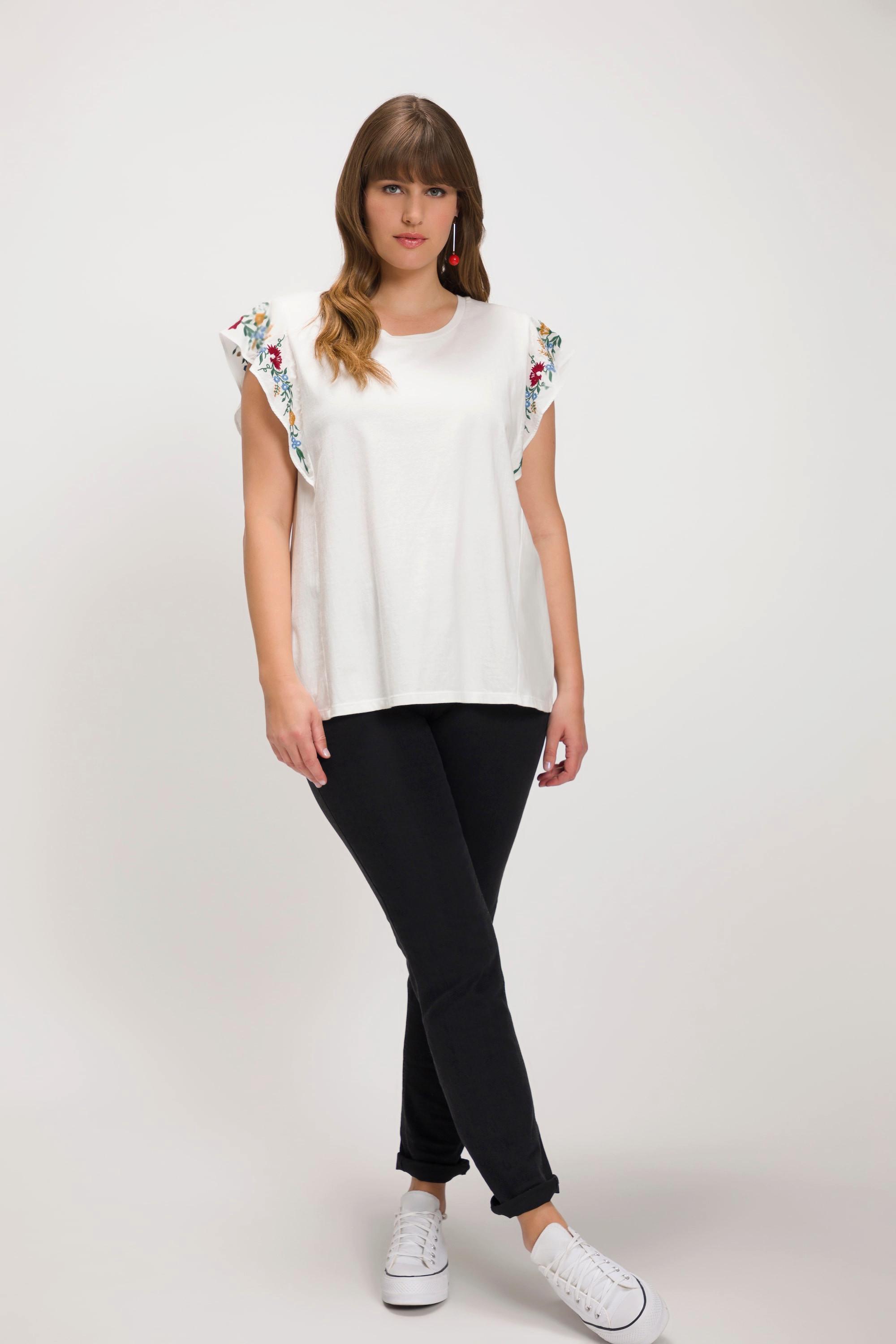 Ulla Popken  T-shirt, broderie florale, ligne en A, col rond, manches courtes 