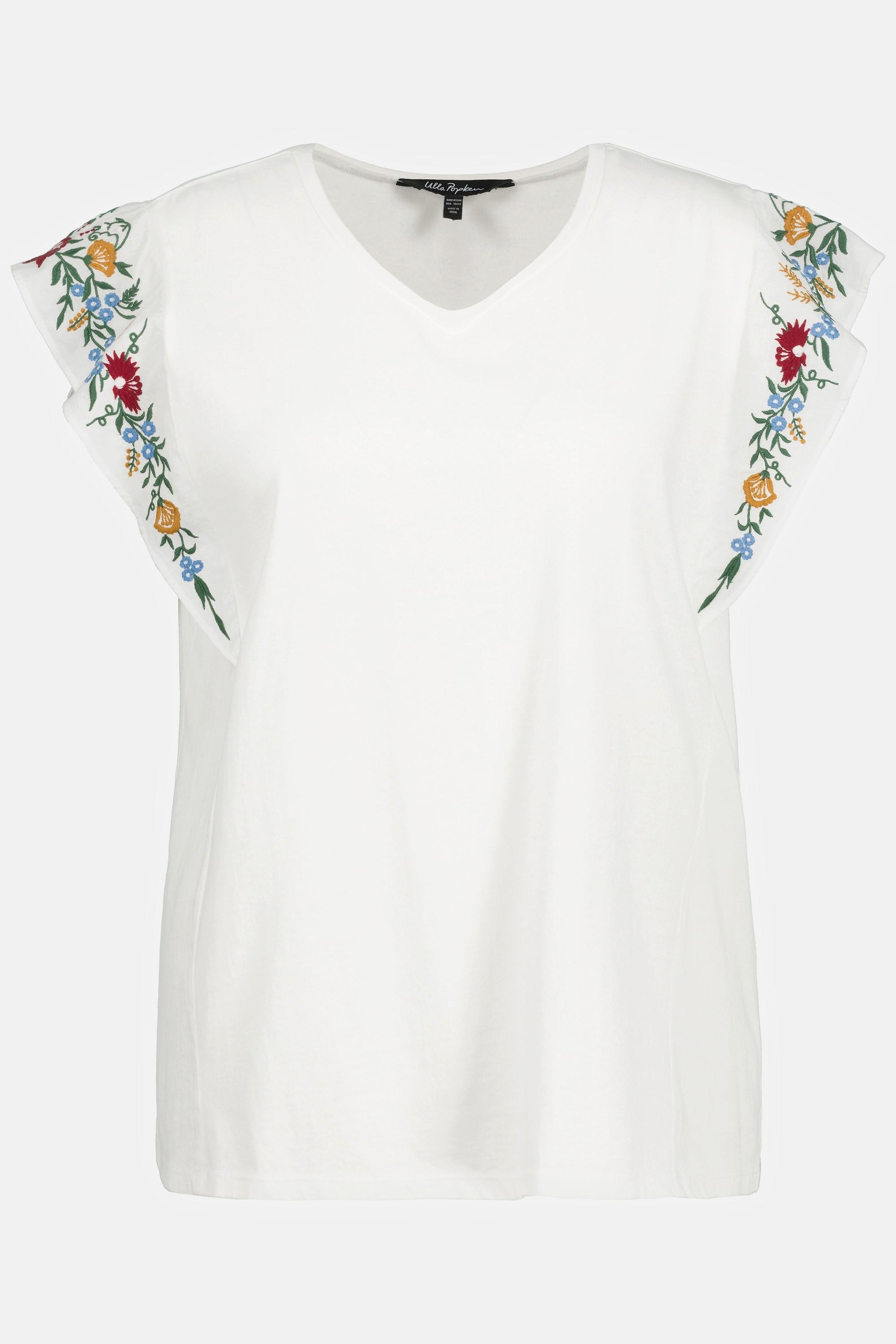 Ulla Popken  T-shirt, broderie florale, ligne en A, col rond, manches courtes 